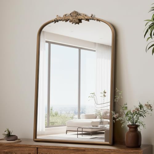 Besdomus Antique Arch Wall Mirror: 24"x36" French Brass Gold Vanity Mirrors - color: Brass Gold, size: 36"L x 24"W
