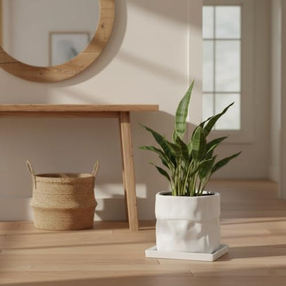 Nihow 8 Inch Ceramic Plant Pot with Drainage & Square Saucer,White - color: White, size: 8 Inch