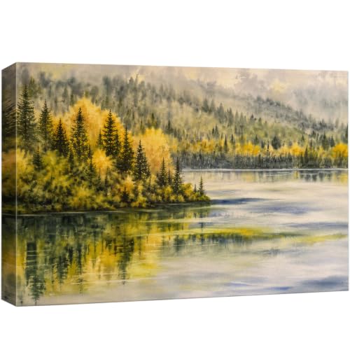 wall26 Canvas Print Wall Art Watercolor Autumn Forest Lake Photography Realism Chic Multicolor for Living Room, Bedroom, Office - 12"x18" - color: A33-2608-ANG04, size: 18"L x 12"W