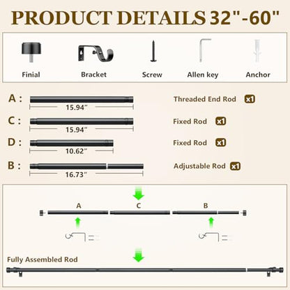 Curtain Rods for Windows 32-60 Inch, 1 Inch Adjustable Black Curtain Rod Set with Brackets, Easy Install - color: Black, size: 32"-60"/1 Pack