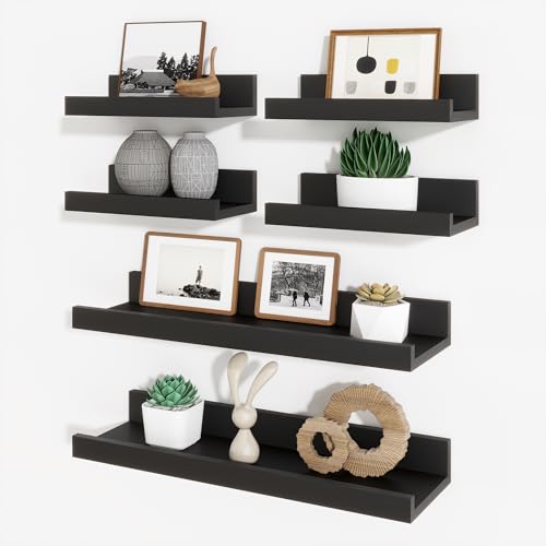 Picture Ledge Shelf, Floating Shelves for Wall Decor, Black, Set of 6, 16'' - color: Black, size: 16 inch