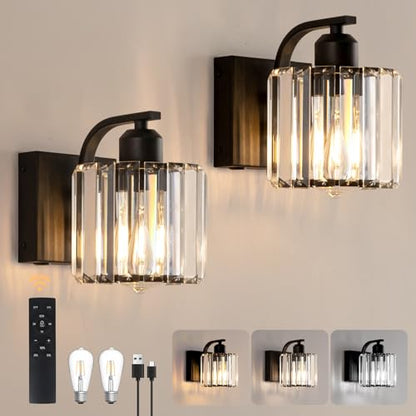 BELS 8 Inch Battery Operated Wall Sconces Set of 2, Farmhouse Black Wall Lights Fixture with Crystal Shade, 3 Colors Temperature, Remote Control, Dimmable, Wall Sconces for Mirror, Bathroom, Bedroom - color: Crystal