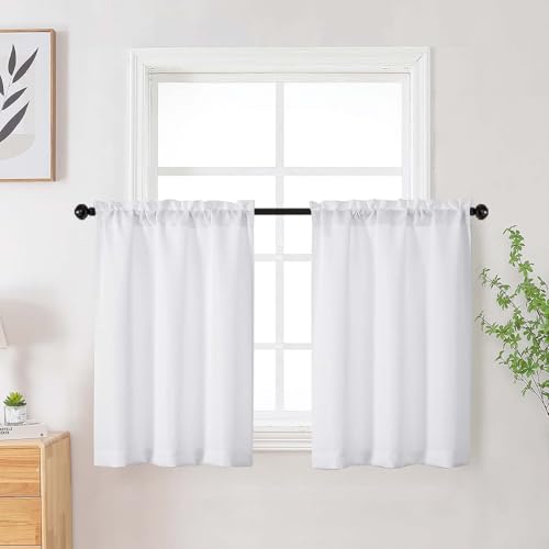 White Short Curtains Tier 30 Inch Length 2 Panels Set, Faux Linen Textured Small Kitchen Curtains Light Filtering Drapes for Bathroom Basement, White, 2 Pcs, Each 30Wx30L Inch - color: White, size: 30"W x 30"L (Pack of 2)