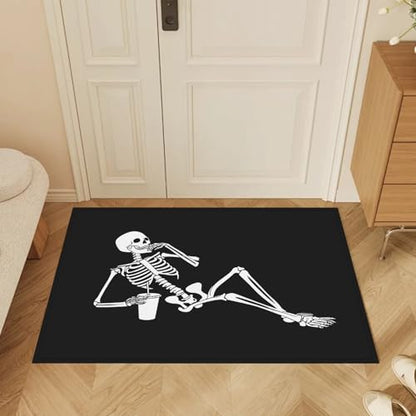 Black Skull Bath Mat Rug, Skeleton Door Mat Doormat Entrance Non-Slip Bathroom Rugs for Entryway Bathroom Kitchen 17 x 30 Inch - color: Black Skull