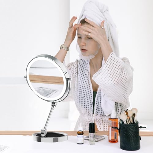 Rocollos Tabletop Makeup Mirror with Built-in Vanity Tray, 9" Rechargeable 4000mAh Lighted Vanity Mirror 1X/10X Magnification, Height-Adjustable Arm, 3 Color Dimmable (9Inch Chrome) - color: 9inch Chrome