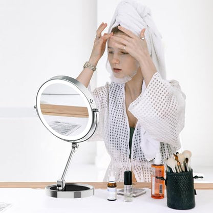 Rocollos Tabletop Makeup Mirror with Built-in Vanity Tray, 9" Rechargeable 4000mAh Lighted Vanity Mirror 1X/10X Magnification, Height-Adjustable Arm, 3 Color Dimmable (9Inch Chrome) - color: 9inch Chrome