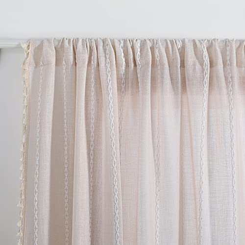 RoomTalks Boho Curtains for Bedroom Living Room 63 Inch Length Freanch Country Modern Farmhouse Window Curtain Panels Embroidery Striped Bohemian Tassel Draperies (63’’L x 52’’W, Beige) - color: Beige, size: 52"W x 63"L (Pack of 2)