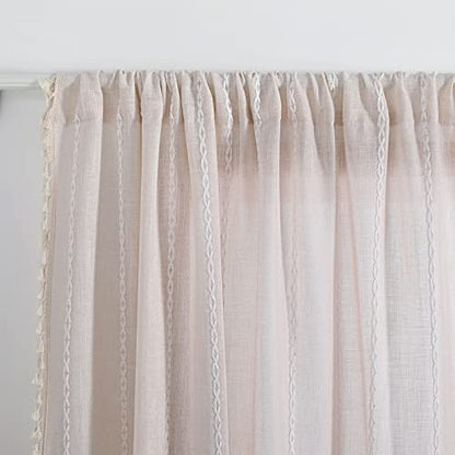 RoomTalks Boho Curtains for Bedroom Living Room 63 Inch Length Freanch Country Modern Farmhouse Window Curtain Panels Embroidery Striped Bohemian Tassel Draperies (63’’L x 52’’W, Beige) - color: Beige, size: 52"W x 63"L (Pack of 2)