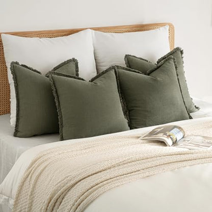 MIULEE Fall Linen Fringe Pillow Covers Set of 4 18x18 Olive Green - color: Olive Green, size: 18" x 18" (Pack of 4)