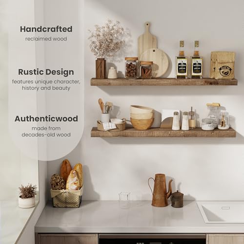 FLYJOE Floating Shelves Reclaimed Barnwood, 8" Deep Solid Wood Floating Shelf Wall Hanging Shelves with Invisible Heavy-Duty Metal Bracket | Wall Mounted | Farmhouse Style | 40 inches,2PCS,Natural - color: Distressed Natural, size: 40inches-2P