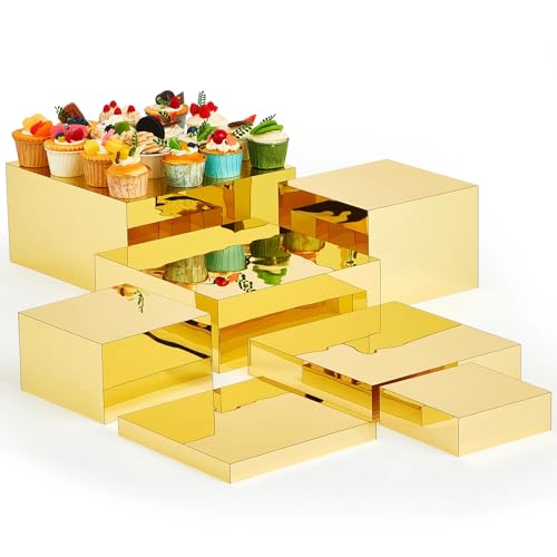 Leinuosen 7 Pcs Large Acrylic Buffet Risers, 6-12" Square, Gold - color: Gold, size: 6" to 12", style: Square
