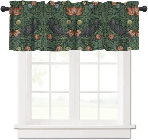 Gothic Raven Valance Curtain, Bohemian William Morris Vintage Wildflower Plants Leaves Black Crow Print Blackout Window Valance for Boys Bedroom Living Room Kitchen, 54x18inch - color: Morris-6