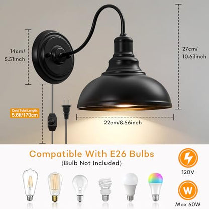 Lightess Plug in Wall Sconces Set of 2, Black Lamp with Cord Dimmer Switch - color: 2 Pack-Black Plug in