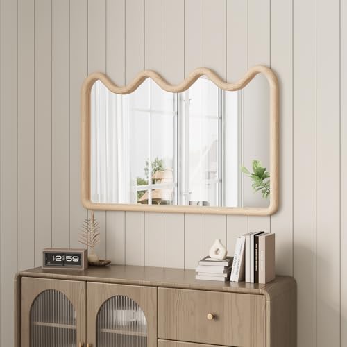 ULIKE 벽용 웨이브 거울, 61x91.4cm(24x36인치) 나무 프레임, 내추럴 - color: 웨이브 우드
