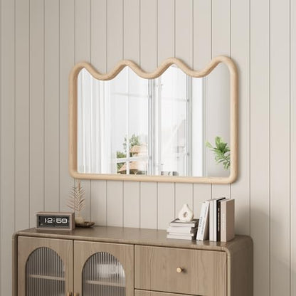 ULIKE 벽용 웨이브 거울, 61x91.4cm(24x36인치) 나무 프레임, 내추럴 - color: 웨이브 우드