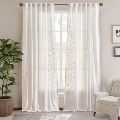 jinchan Floral Linen Curtains 96 Inch Farmhouse Back Tab 2 Panels - color: Off White, size: 50"W x 96"L (Pack of 2)