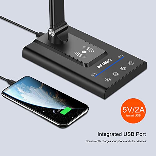 AFROG 5th Gen Multifunctional LED Desk Lamp with 10W Fast Wireless Charger, USB Charging Port,1800Lux Super Bright,5 Lighting Mode,7 Brightness, Touch Control, Auto Timer, 15W Office Table Lamp - color: Black 5.0 Pro