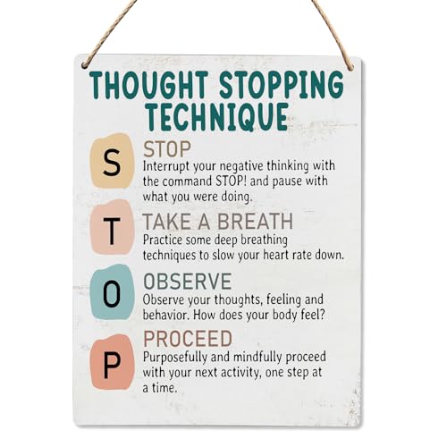 Therapy Office Wall Decor, Mental Health Decor Sign for Therapist Office Classroom Bedroom,Thought Stopping Technique Wood Sign 8x10 Inch - color: Thought Stopping