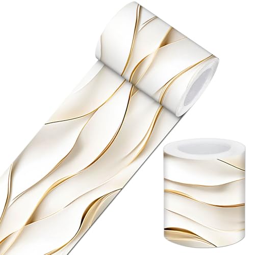 IVN Wallpaper Border Peel and Stick Wall Ivory Gold Waves 4x196 Inch - color: Ivory Gold Waves
