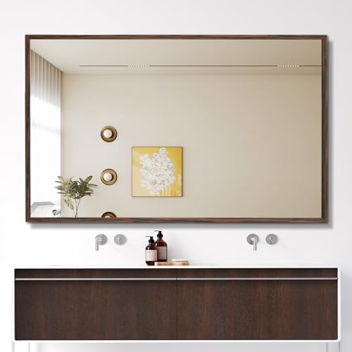 Wood Bathroom Mirror, 48"x30" Walnut Wall Mirror for Over Sink