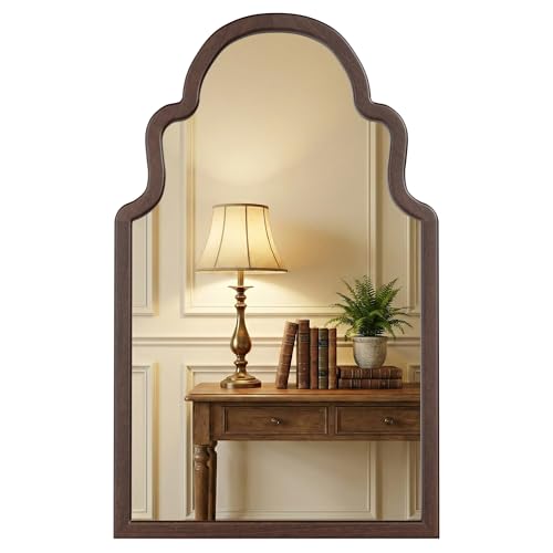 40"x24" Walnut Arched Mirror, Solid Wood Frame for Vanity, Mid Century Modern Decor for Living Room & Bedroom, Rustic Dark Brown Wooden Mirror for Wall, Boho Style - color: Walnut, size: 40"L x 24"W