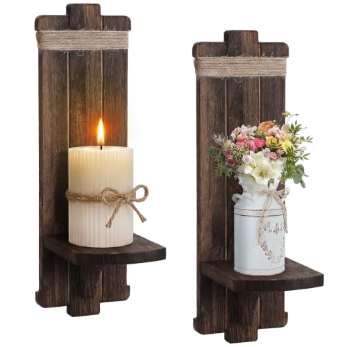 Alphatool Handmade Wooden Candle Sconces Set of 2 Farmhouse Wall Decor - color: Brown