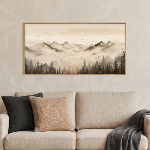 Celestdeco Neutral Misty Mountain Forest Framed Canvas Wall Art-40"x20"x1 | Foggy Pine Tree Landscape Wall Decor,Watercolor Beige Brown Art Prints,Nature Scenery Artwork for Living Room,Bedroom,Office - color: Misty Forest Wall Art, size: 40"L x 20"W