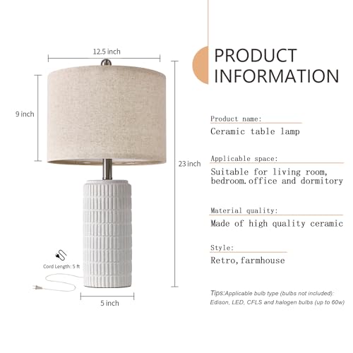 PoKat 23" Table Lamp, Farmhouse Bedside Lamps for Bedroom Set of 2, Ceramic End Table Lamps for Living Room, Traditional Nightstand Desk Lamps, Frosted White Lamps, Medium - color: Frosted White