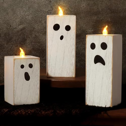 Halloween Decorations: 3pcs Cute White Ghost Decor, Farmhouse Wooden Ghost Sign with Flameless LED Tea Lights, Rustic Room Decor for Kids Home Office School Desk Fireplace - style: Tea Lights Ghost