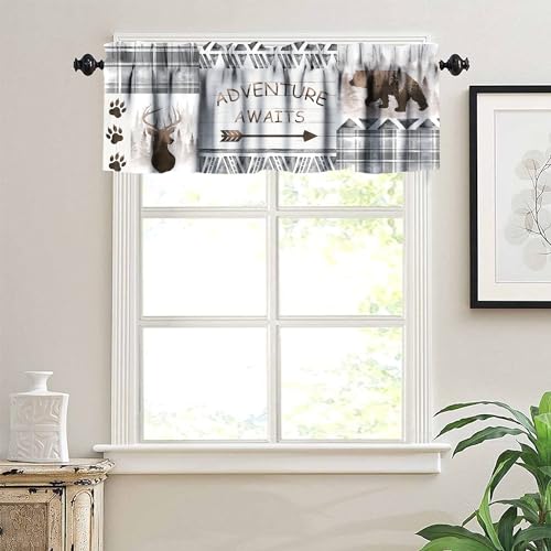 Retro Cabin Valance Curtains,Rustic Hunting Theme Forest Animals Blackout Window Valance,Grey Plaid Check Farmhouse Print Short Window Treatments for Bedroom Living Room Kitchen,54x18in - color: Bear-4