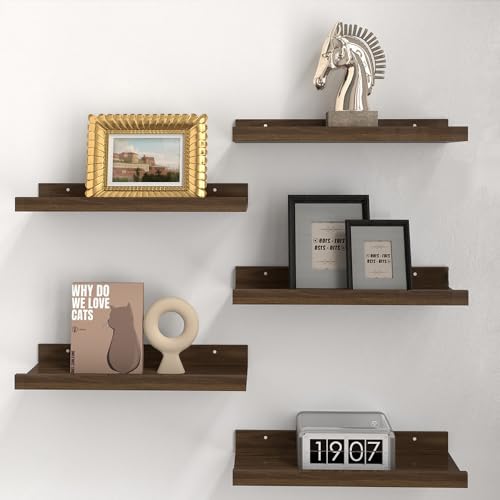 RICHER HOUSE 5-Set Floating Shelves with Lip, Walnut Wall Mounted Shelf - color: Walnut, size: 16in