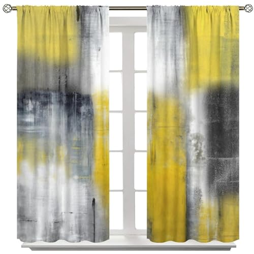 Yellow Grey Curtains, Vintage Abstract Art Painting Window Treatments for Kitchen Bedroom Living Room 2 Panel Sets,42x45 Inch Decor - color: Geometric-15, size: 21"W x 44.5"L (Pack of 2)