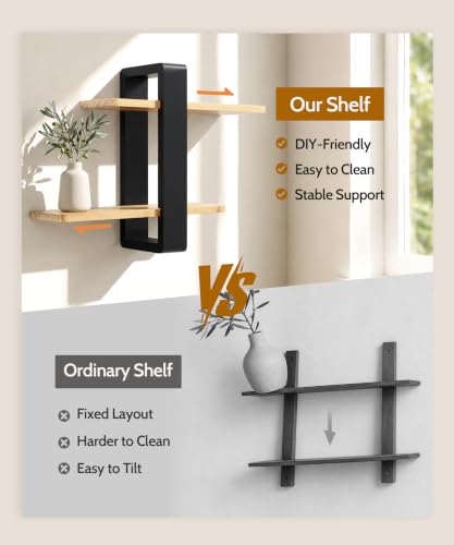 SUMGAR Floating Shelves for Wall Wood, 2 Tier Adjustable Plant Shelf Unit - color: Black&wooden, size: 2 Tier 16in