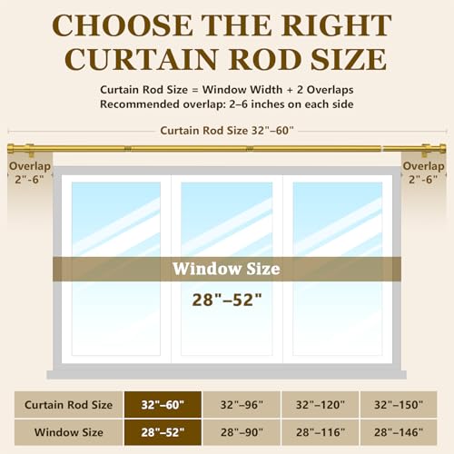 2 Pack Curtain Rods for Windows 32-60 Inch, 1 Inch Adjustable Flash Gold Curtain Rod Set with Brackets, Easy Install - color: Flash Gold, size: 32"-60"/2 Pack