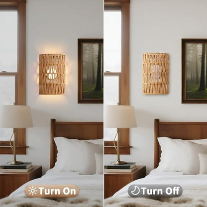Battery Powered Wall Sconce, Rattan Rechargeable Wall lamp, Bohemian Wall Sconces with Remote Control RGB Dimmable, Wireless Wall Sconce Set of 2 for Bedroom, Hallway, Living Room