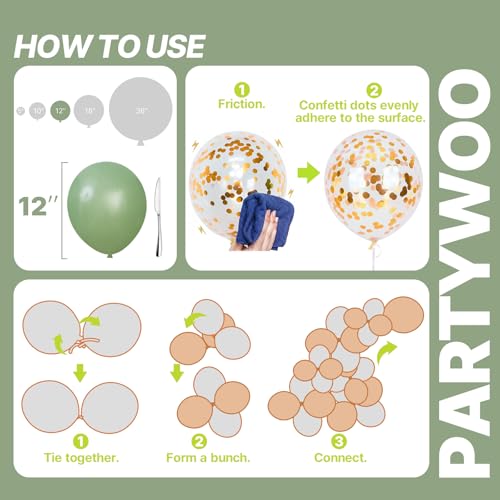 PartyWoo Sage Green Balloons 66pcs 12 Inch Gold White Brown Gold Balloons - color: Green-3327