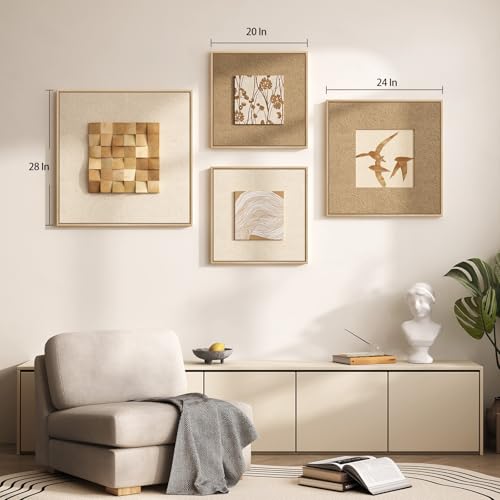 Large Framed 3D Textured Wood Wall Art 4 for Living Room, Neutral Set of 4 - color: Beige -A, size: 28x28" + (20x20") x2ps +24x24"
