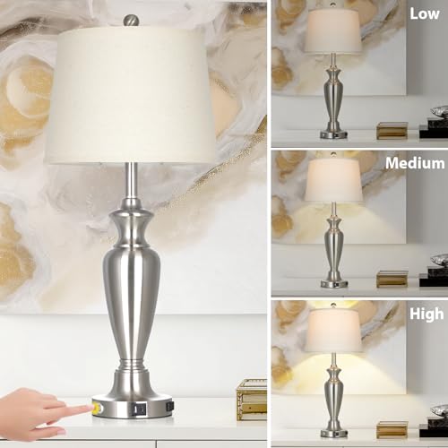 30" Tall Silver Table Lamps Set of 2 for Living Room, Touch Control Bedside Lamps for Nightstand, 3-Way Dimmable Bedroom Table Lamp with USB A+C Ports and AC Outlet (2 LED Bulbs Included) - color: Silver - 30"H