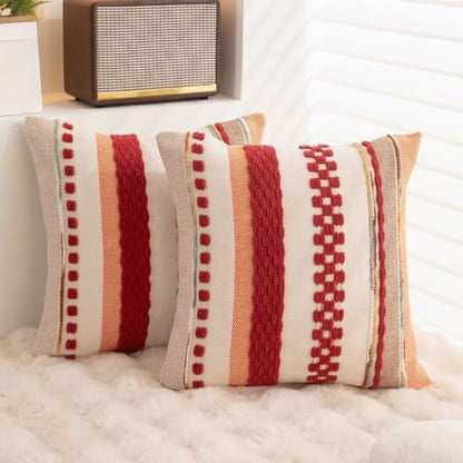 Boho Throw Pillow Covers Decorative Neutral Farmhouse Pillow case - color: Red Stripe