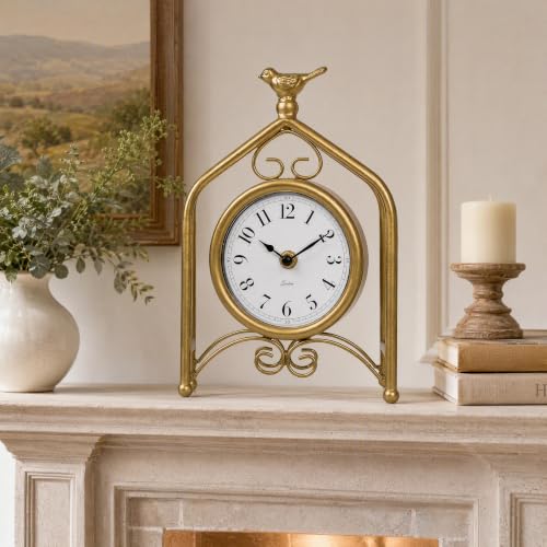 EMAX HOME Silent Desk Clock 9.8", Vintage Metal Frame Mantel Clock - color: Gold-2, size: 9.8 ''H