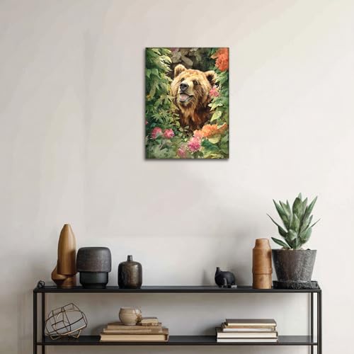 Halioyo Brown Bear Canvas Wall Art, Floral Bear Painting Print(12x16 in) - color: Painting-10, size: 16"L x 12"W