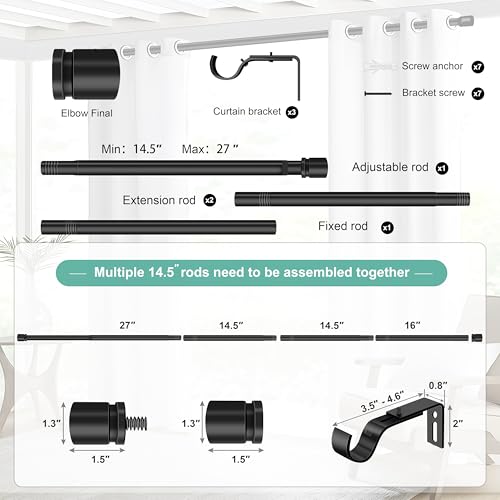 Ottsuls Curtain Rods for Windows, 32 to 60 or 71 Inches Max Adjustable Length, 1 Inch Diameter, Black Decorative Curtain Rod Set, Rustproof Heavy Duty Metal Pole with Brackets - size: 32" to 60"