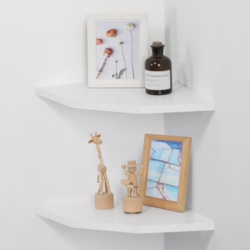 Corner Wall Shelves Set of 2, Rustic Wood Corner Floating Shelves with Cable Raceway, Wall Mount Storage Display for TV Accessories, Baby Monitor, Speaker, Cable Box (White, Diamond- 10 Inch)