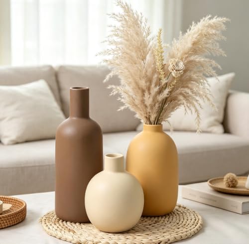Large Ceramic Vase Set of 3, Brown Rustic Vases Home Decor Waterproof - color: 3pcs-neutral Large