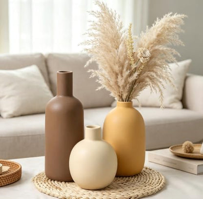 Large Ceramic Vase Set of 3, Brown Rustic Vases Home Decor Waterproof - color: 3pcs-neutral Large