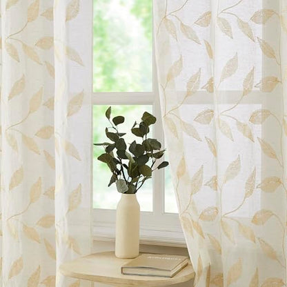 Bujasso Embroidered Leaf Sheer Curtains, Gold 38" Wx84 Lx2 - color: Gold, size: 38"W x 84"L (Pack of 2)
