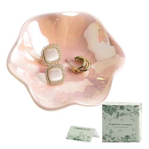 Ceramic Ring Dish, Jewelry Trinket Tray for Rings and Earrings - color: Iridescent Pink