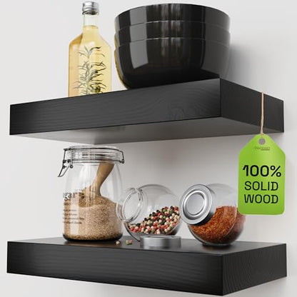 Solid Wood Floating Shelves for Wall 12 Inch Black, Small Wooden Shelf - color: Black, size: 12 Inch