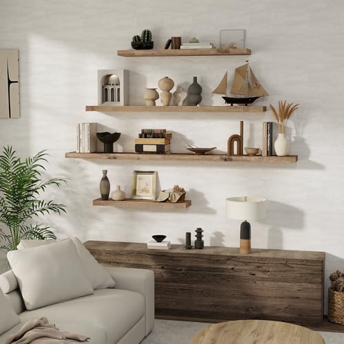 FLYJOE Floating Shelves Reclaimed Barnwood, 8" Deep Solid Wood Floating Shelf Wall Hanging Shelves with Invisible Heavy-Duty Metal Bracket | Wall Mounted | Farmhouse Style | 40 inches,2PCS,Natural - color: Distressed Natural, size: 40inches-2P