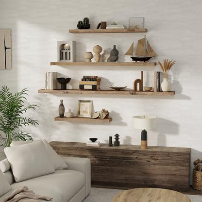 FLYJOE Floating Shelves Reclaimed Barnwood, 8" Deep Solid Wood Floating Shelf Wall Hanging Shelves with Invisible Heavy-Duty Metal Bracket | Wall Mounted | Farmhouse Style | 40 inches,2PCS,Natural - color: Distressed Natural, size: 40inches-2P